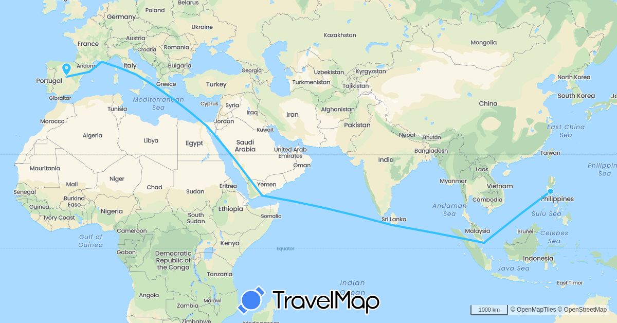 TravelMap itinerary: driving, boat in Egypt, Spain, France, Italy, Sri Lanka, Philippines, Singapore, Yemen (Africa, Asia, Europe)